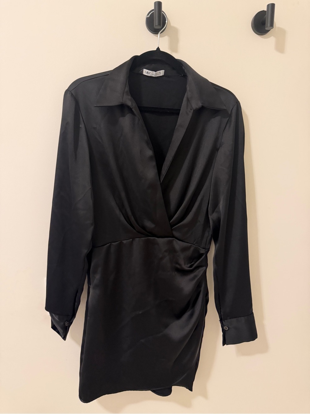 Zara Black Satin Wrap-Style Long Sleeve Shirt Dress